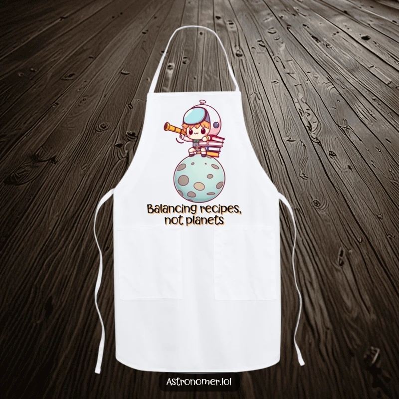Funny Kawaii astronomer character determinedly balancing books on a planet on this kitchen apron.