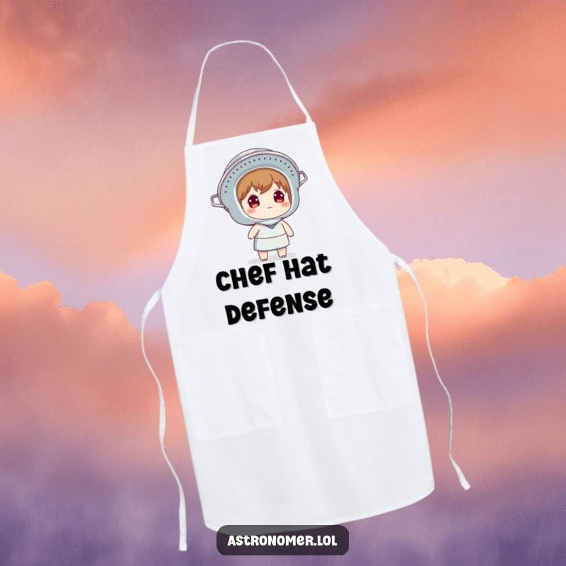 Funny apron showing a character wearing a colander as a helmet and looking at the sky, adding humor to cooking and kitchen tasks.