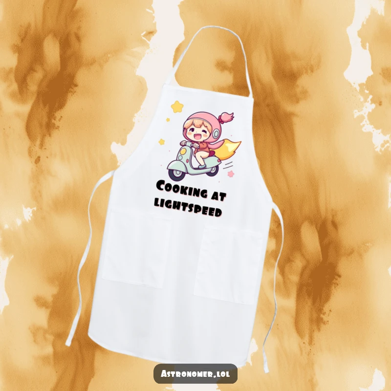Funny Apron: A joyful character rides a comet like a scooter through space, bringing cosmic energy to the kitchen.