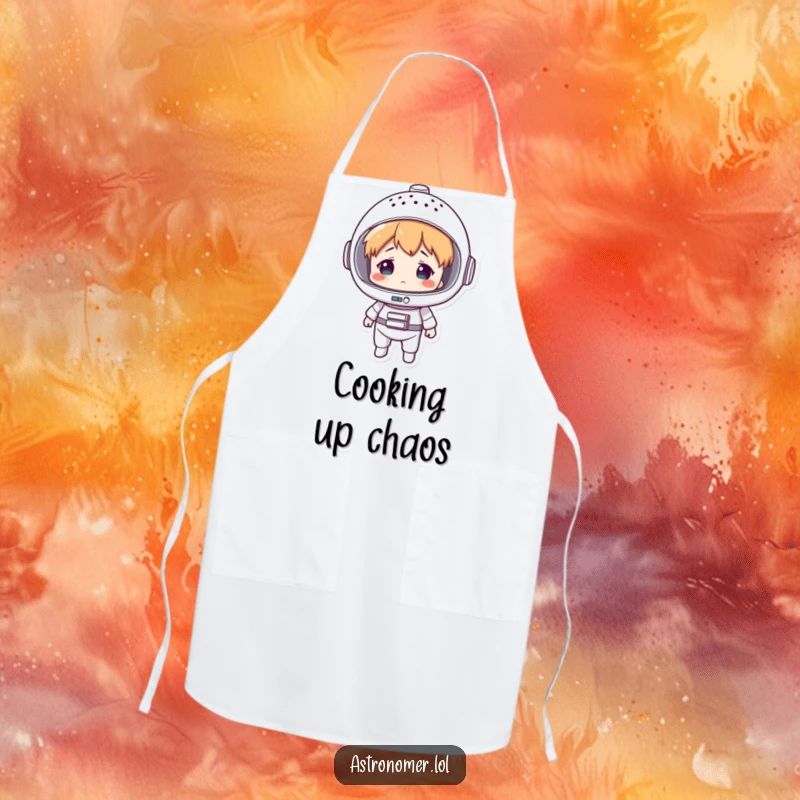 Funny apron showing a character wearing a colander as a space helmet, looking confused while preparing to cook intergalactic meals.