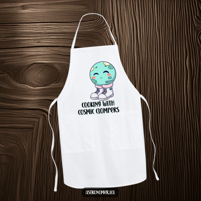 Funny winking planet trying to wear oversized moon boots, humorous cooking apron, space-themed kitchen gag gift.
