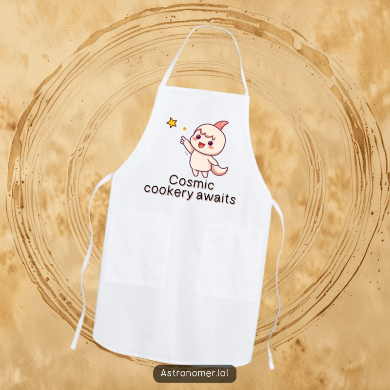 Funny Apron: Cute character excitedly points at a distant star, blending culinary passion with a cosmic, adventurous spirit for kitchen fun.