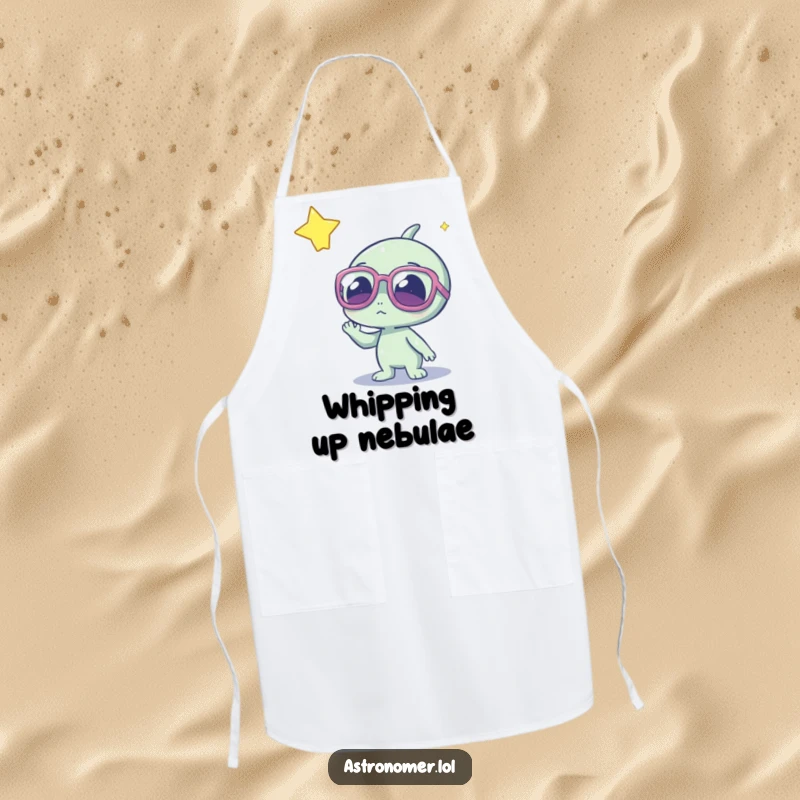 Funny alien wearing oversized glasses, looking at a star, humorous apron for chefs and space enthusiasts.