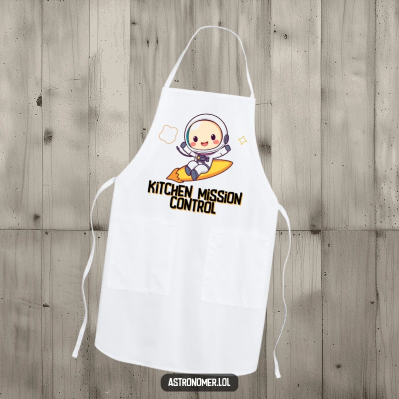 Funny Apron: A smiling astronaut rides a comet, ready to tackle kitchen tasks with cosmic flair.