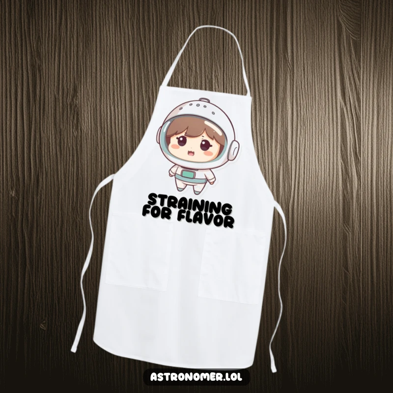 Funny Apron: Cute character looks amused wearing a colander as a space helmet while cooking, blending culinary and cosmic humor.
