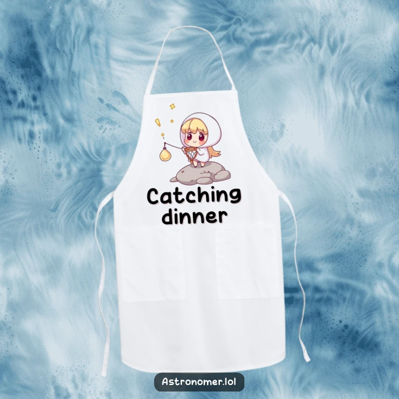 Funny apron showing a character catching a falling comet with a tiny net, adding humor and a sense of precision to cooking.