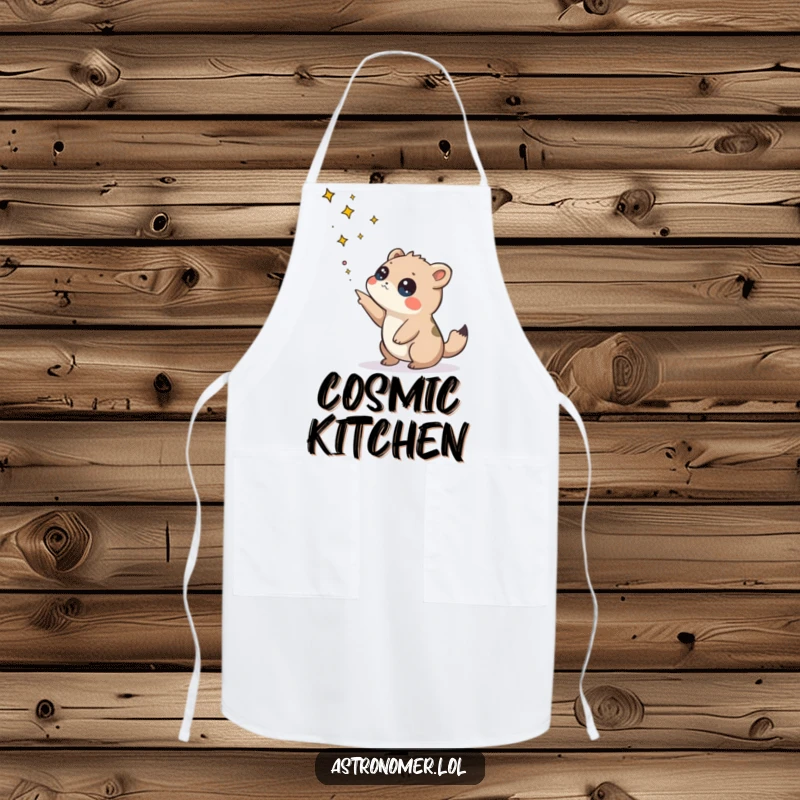 Funny apron featuring a curious creature fascinated by constellations, ideal for kitchen fun and space enthusiasts.