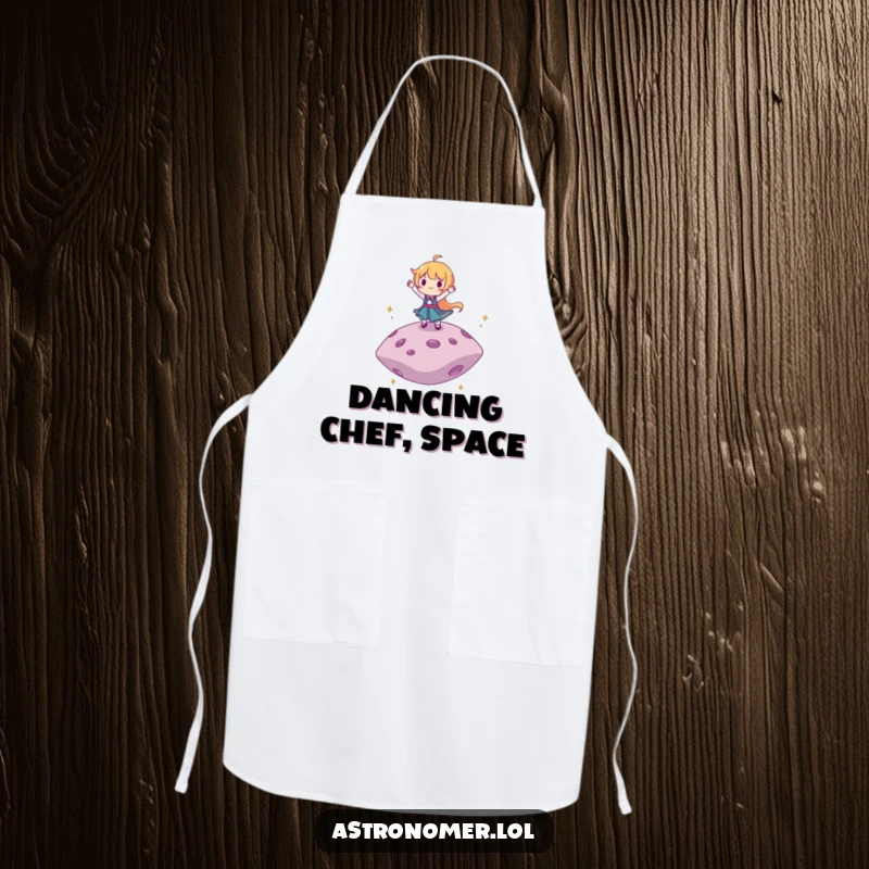 Funny apron showing a character dancing on a floating asteroid, perfect for adding cosmic rhythm to cooking.
