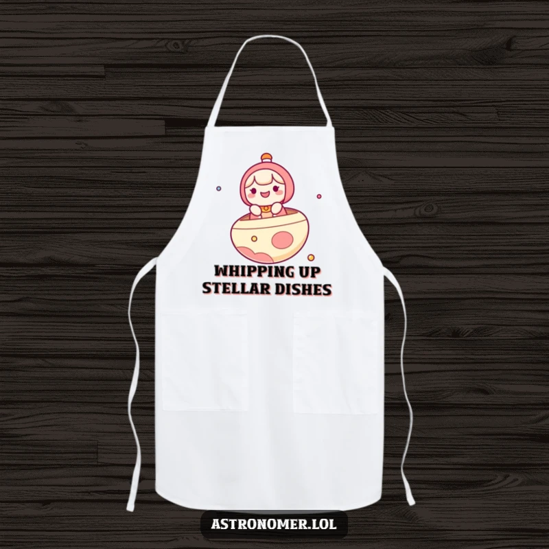 Funny Apron: A cute kawaii character joyfully sails on a planet, acting as a whimsical boat, ready for kitchen quests.