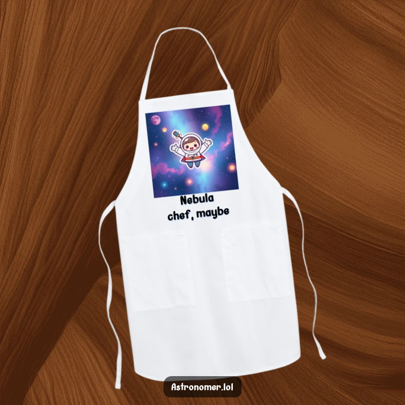 Funny Kawaii astronomer character happily floating among colorful nebulae on this kitchen apron.