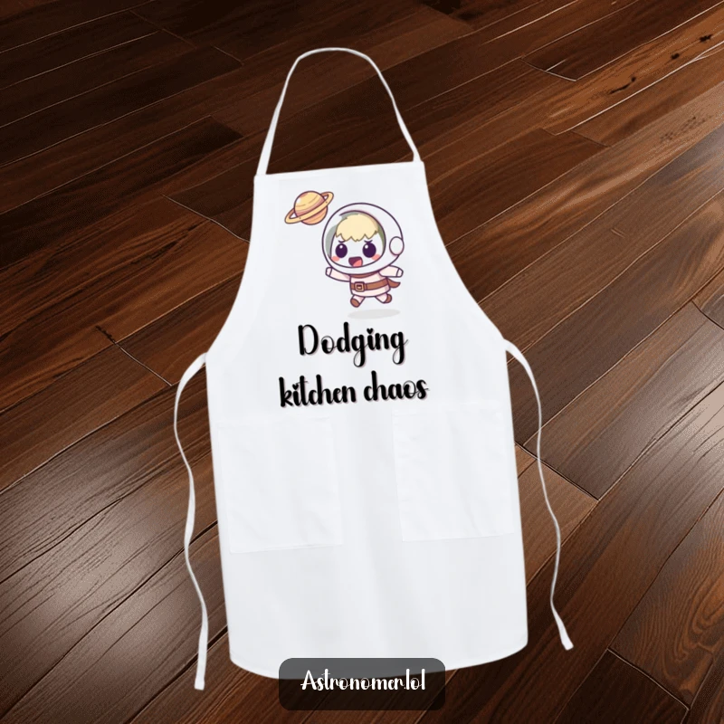 Funny Kawaii astronomer apron showing a startled character comically dodging a small, flying planet, perfect for humorous cooking sessions.