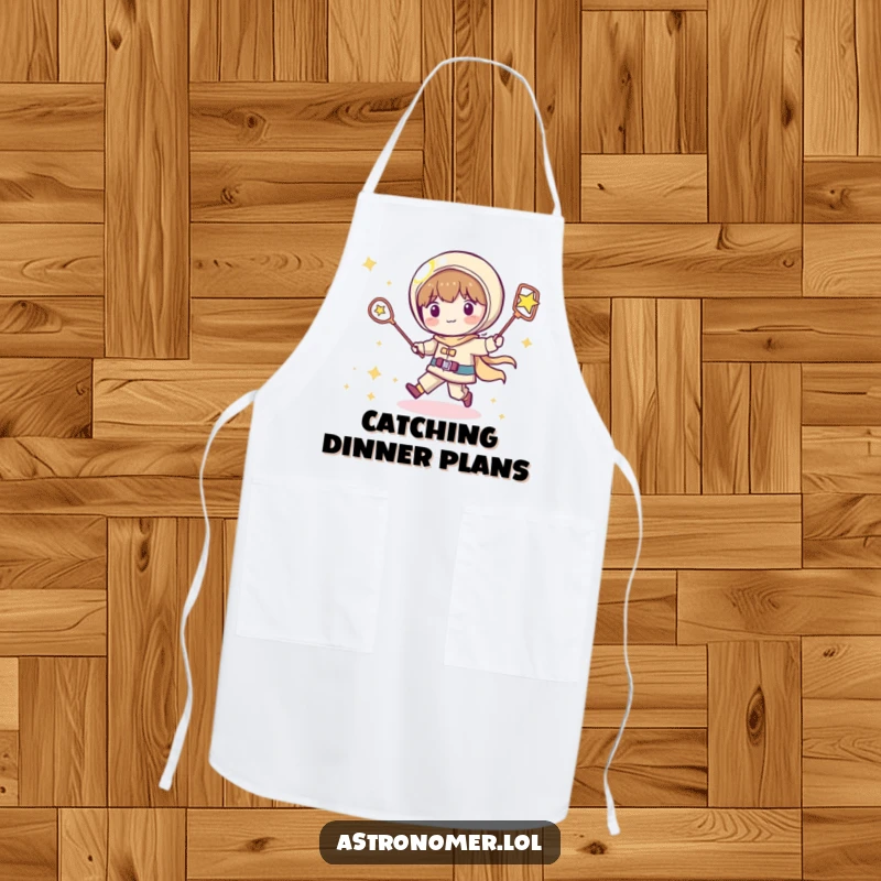Funny Kawaii astronomer apron showing a playful character chasing a shooting star with a net, perfect for humorous cooking sessions.