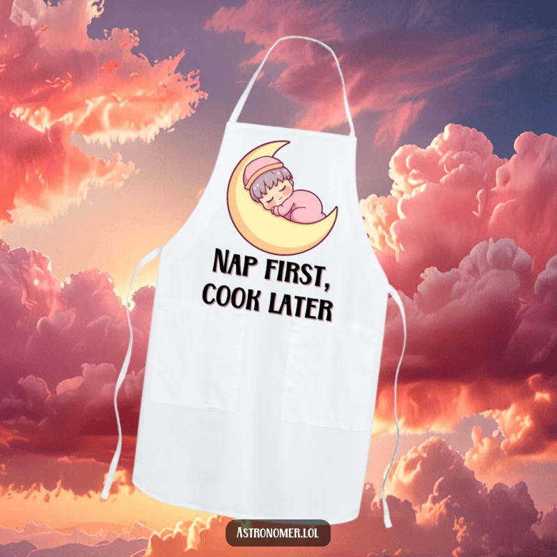 Funny Kawaii astronomer character humorously napping on a crescent moon, perfect for peaceful kitchen moments on this apron.