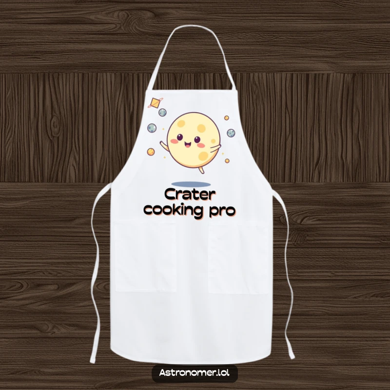 Funny apron featuring a moon character expertly juggling small asteroids, ready for any kitchen adventure with a smile.