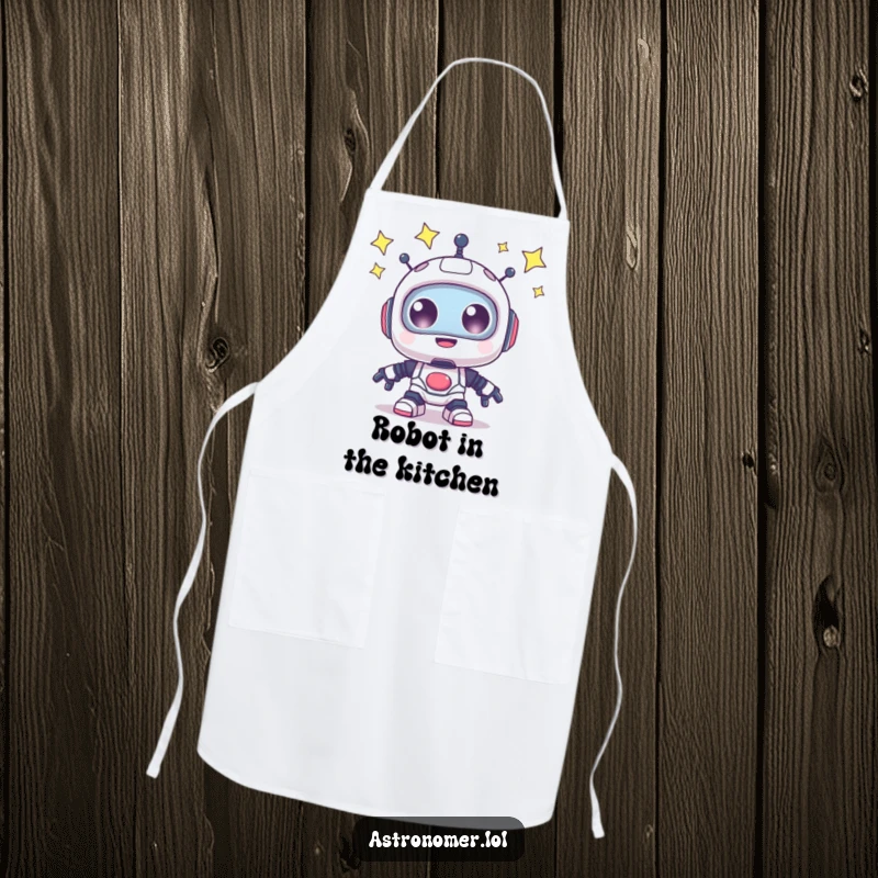 Funny Apron: A happy robot gazes at the stars, perfect for protecting clothes during culinary experiments.