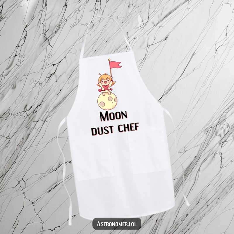 Funny apron featuring a character enthusiastically planting a flag on a tiny moon, ready to take on any culinary challenge.