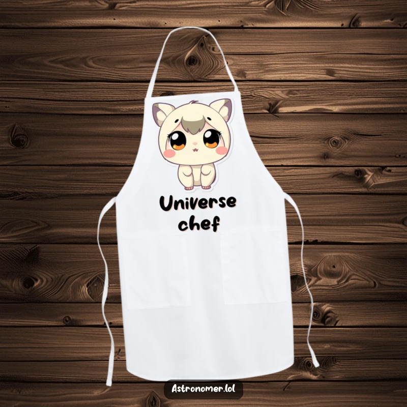 Funny Apron depicting a tiny character with huge, delighted eyes, looking up at the stars while cooking.