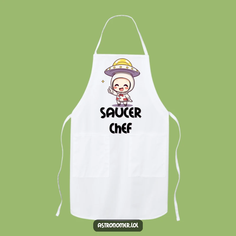 Funny UFO Apron: Character Grins Pointing at Flying Saucer, Cook with Cosmic Flair