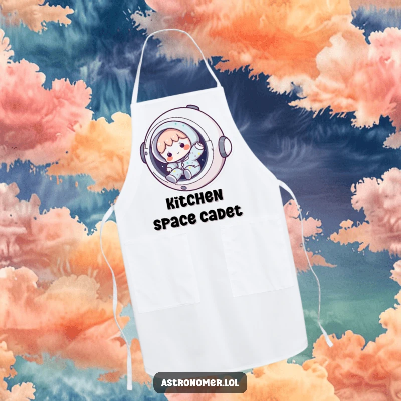Funny space pajama chef apron with character tumbling from spaceship, a humorous kitchen accessory for sleepy cooks.