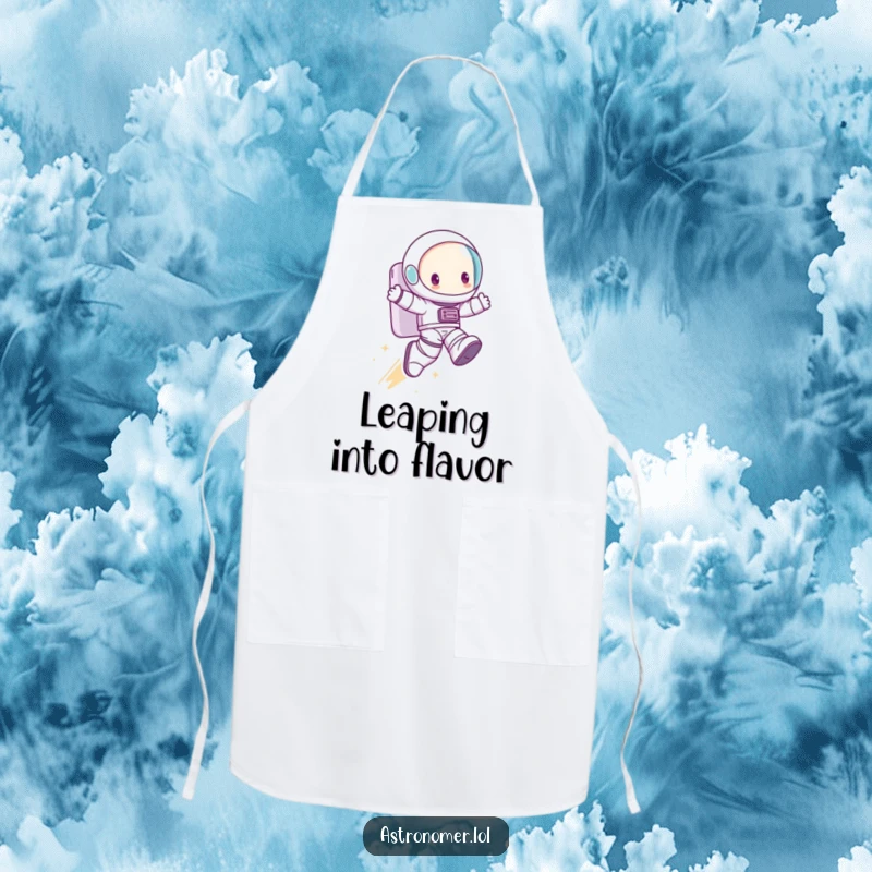Funny Apron: A cute character wearing comically large astronaut boots takes a giant leap, ready for kitchen adventures.