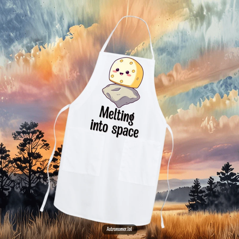 Funny smiling cheese wheel trying to balance on a floating asteroid, humorous cooking apron, space-themed kitchen gag gift.