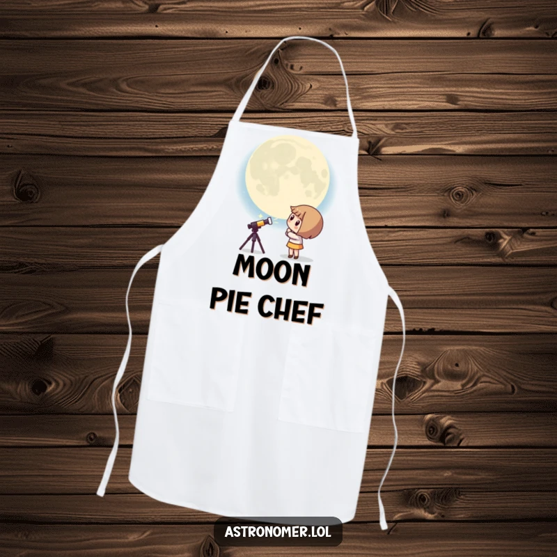 Funny Kawaii astronomer apron showing a curious character peering at a giant, surprised moon, perfect for humorous cooking sessions.