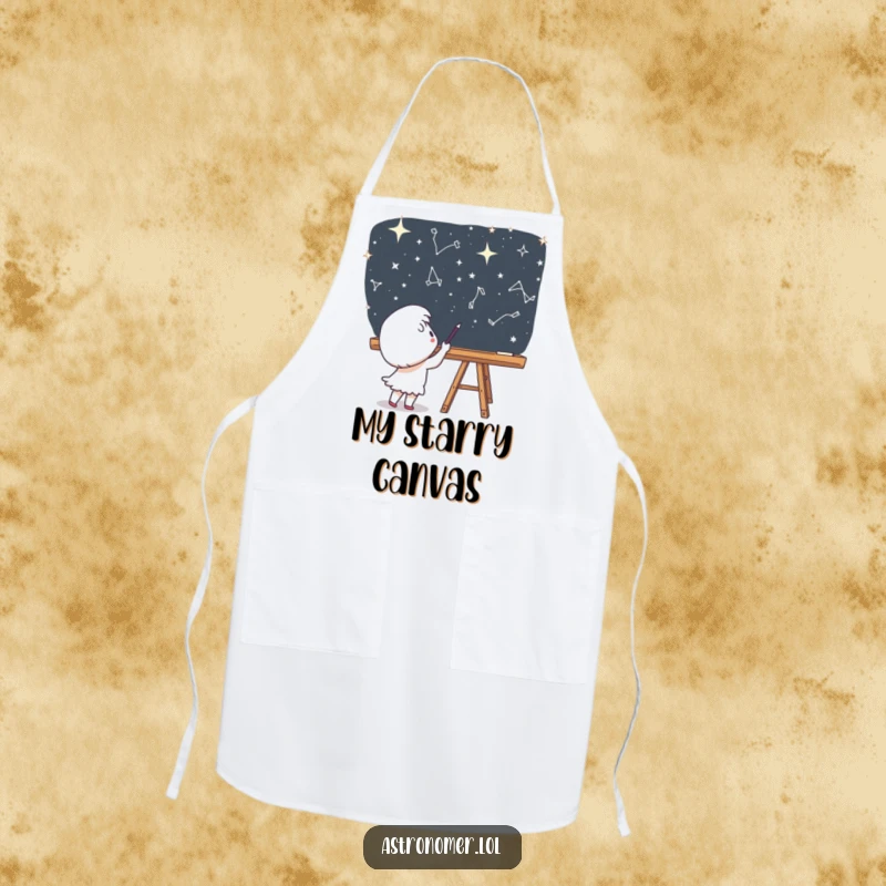 Funny Apron: A cute character is actively drawing constellations on a chalkboard in space, ready for artistic endeavors.