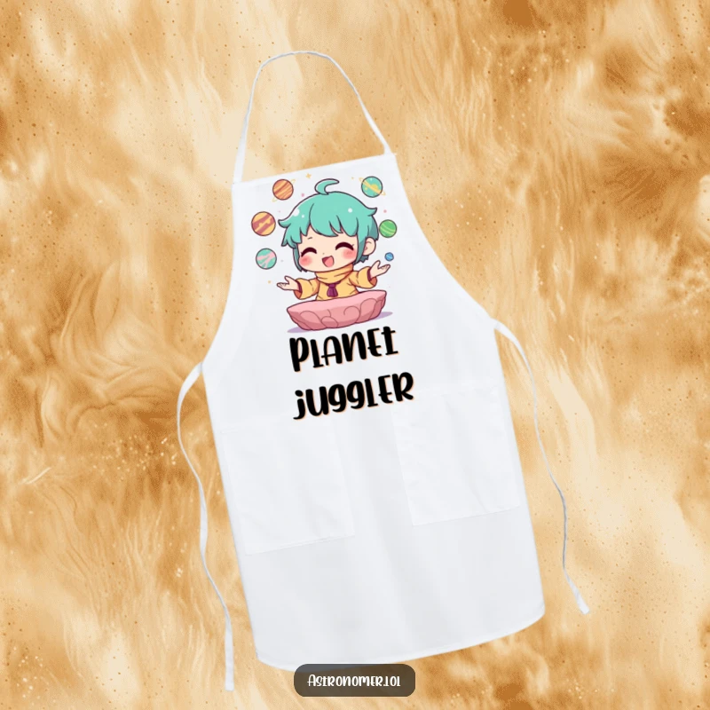 Funny Apron of a character joyfully juggling tiny planets, bringing cosmic fun to cooking and baking.