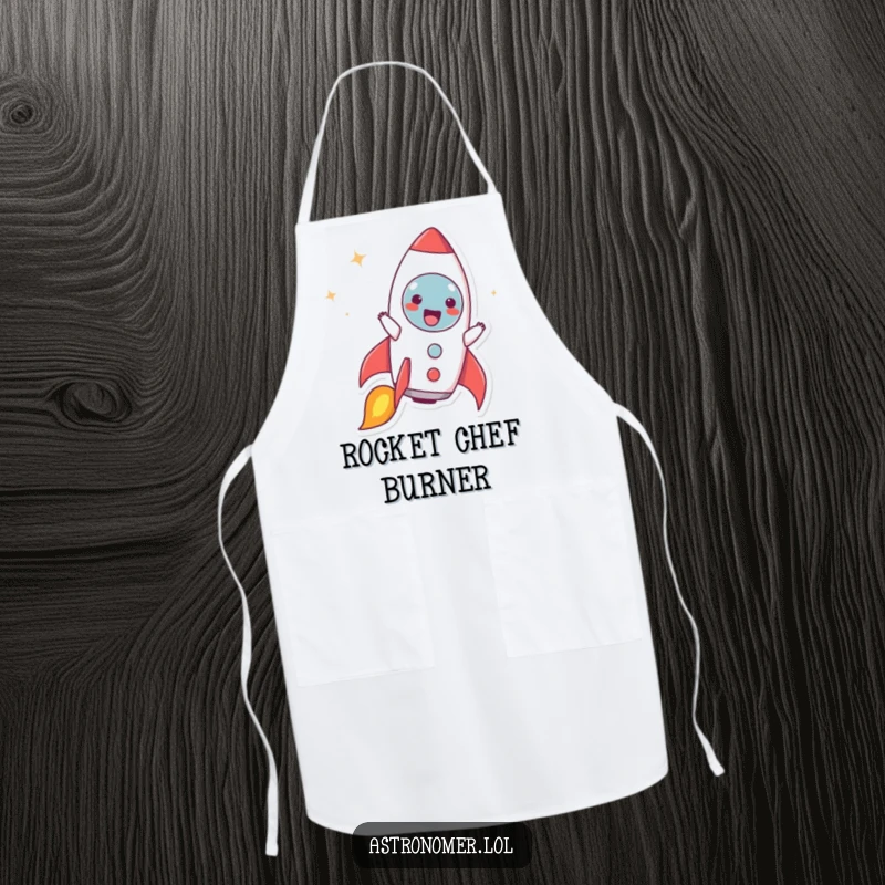 Funny apron featuring a character joyfully pretending to be a rocket ship blasting off, ready for culinary liftoff.