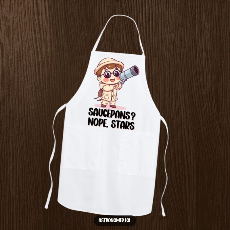 Funny Kawaii astronomer apron with a smiling character wielding a giant, unstable telescope, perfect for humorous meal preparation.
