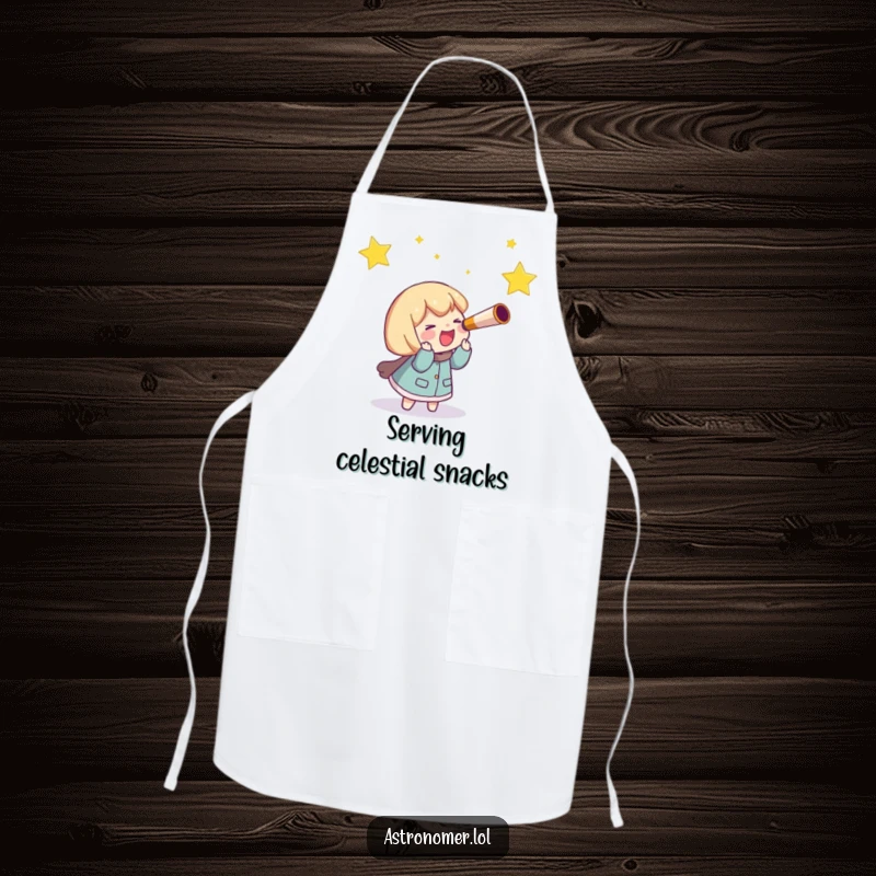 Funny Apron: A character with a telescope giggles while chasing a bright shooting star, bringing cosmic fun to the kitchen.