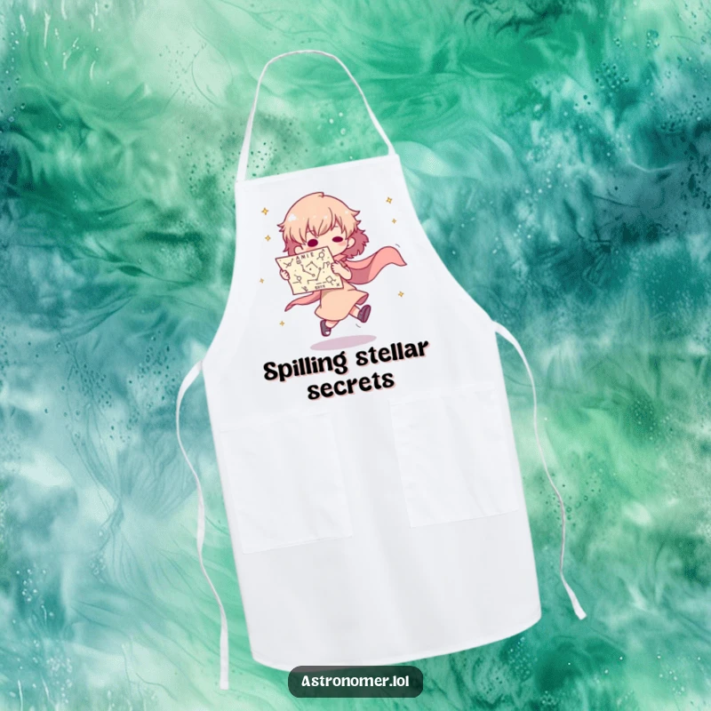 Funny apron showing a character tripping while holding a constellation map, perfect for a clumsy cook.