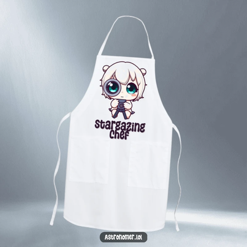 Funny Apron: A cute character with comically wide eyes looks through a telescope, ready for culinary adventures.