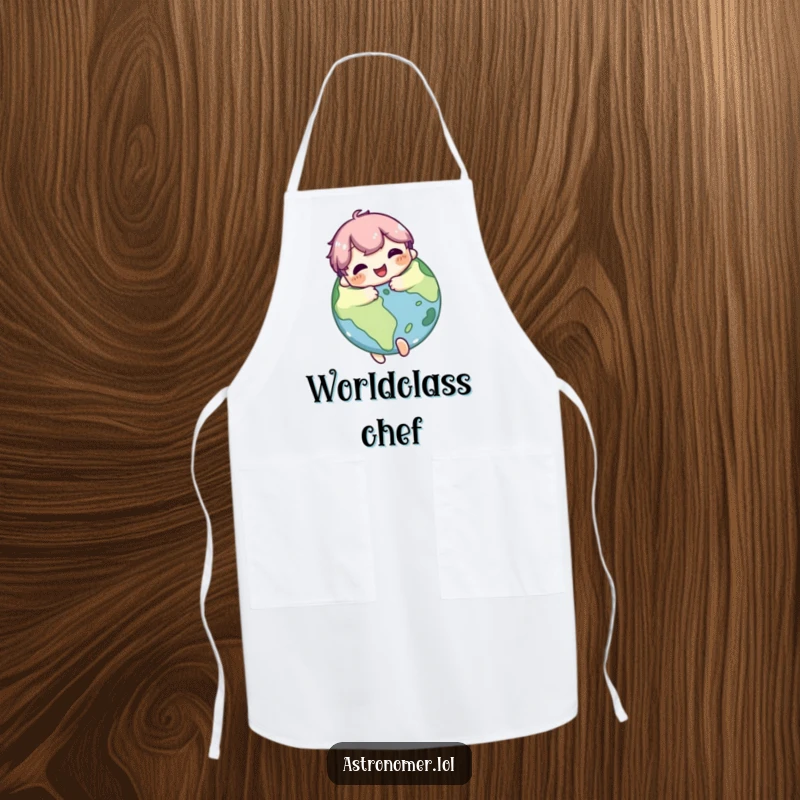 Funny Apron: Cute character joyfully hugs a planet with a pleased expression, blending culinary passion with a love for the universe.