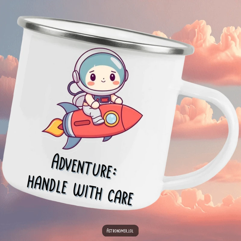 Funny astronaut smiling nervously on a crooked rocket, durable enamel camping mug for space explorers.