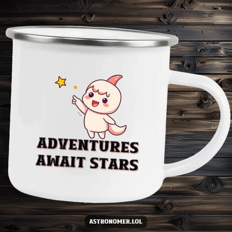 Funny Camping Mug: Cute character points at a distant star during a camping trip, embodying adventure and the magic of the night sky.