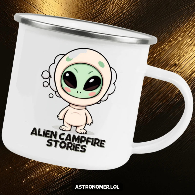 Funny camping mug with a curious character’s thought bubble showing a funny alien face, ideal for outdoor contemplation and humor.