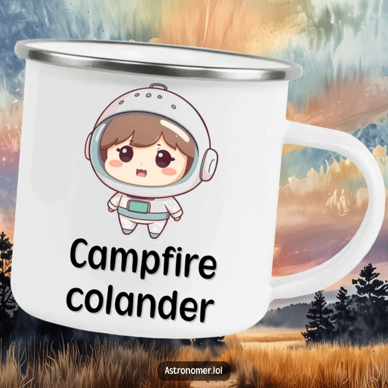 Funny Camping Mug: Cute character looks amused wearing a colander as a space helmet, adding humorous and inventive spirit to camping.