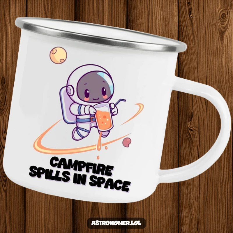 Funny Astronaut Camping Mug: A cartoon astronaut spilling a drink while orbiting a planet, perfect for enjoying beverages outdoors.