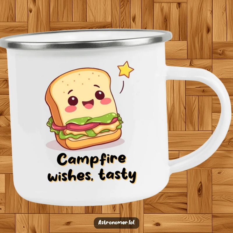 Funny cheerful sandwich attempting to catch a falling star, sturdy and amusing food camping mug, outdoor gag gift.