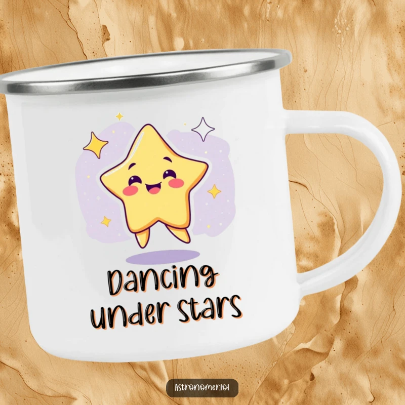 Funny Camping Mug: A smiling star character dances sillily in the galaxy, perfect for outdoor drinks.
