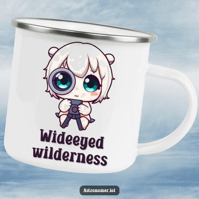 Funny Camping Mug: Durable enamel mug with a cute character peering through a telescope, ready for outdoor fun.