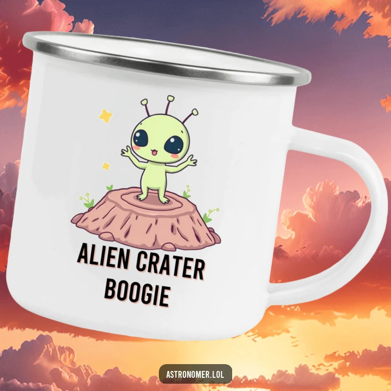 Funny camping mug showing a surprised alien doing a silly dance on a crater, perfect for outdoor fun and laughs.