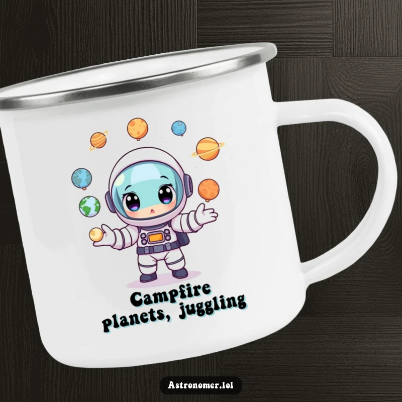 Funny Astronaut Camping Mug: A cartoon astronaut wide-eyed, juggling tiny planet models, perfect for enjoying beverages outdoors.