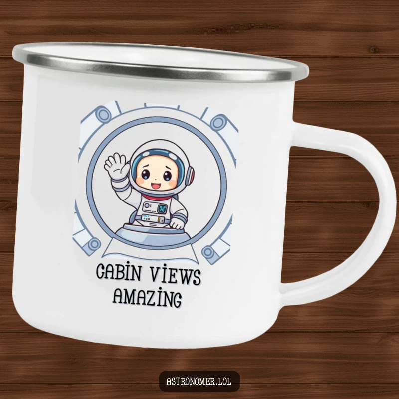 Funny camping mug featuring a cartoon astronaut enthusiastically waving from inside a spaceship, rugged and cheerful for outdoor use.