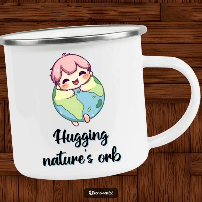 Funny Camping Mug: Cute character joyfully hugs a planet, bringing a sense of cosmic warmth and love to outdoor adventures.
