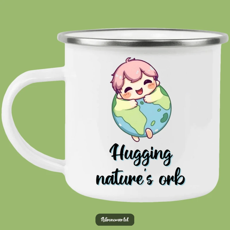 Funny Campfire Planet Mug: Cute Character's Galactic Hug Funny Gift