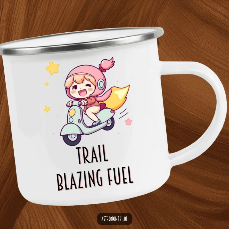 Funny Camping Mug: A joyful character rides a comet like a scooter through the vastness of space, leaving a shimmering trail.