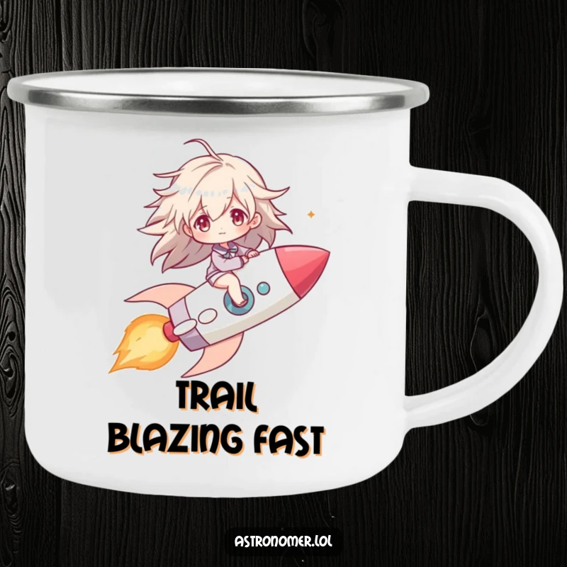 Funny camping mug showing a character riding a comet like a rocket, hair dramatically windblown, designed for cosmic journeys.