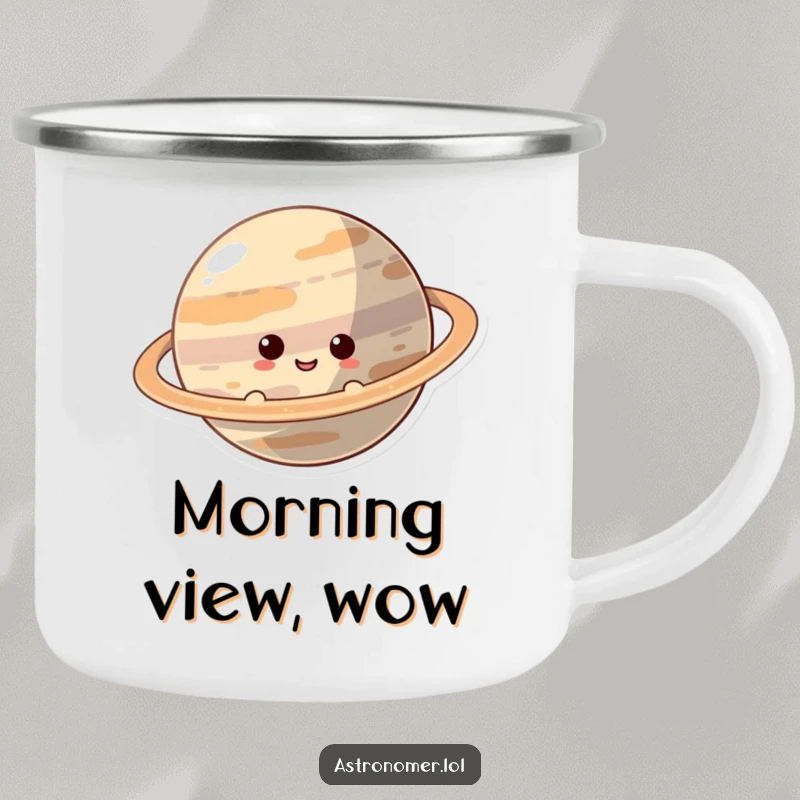 Funny Camping Mug: A curious character smiles while peeking from behind the majestic rings of a planet in the vast cosmos.